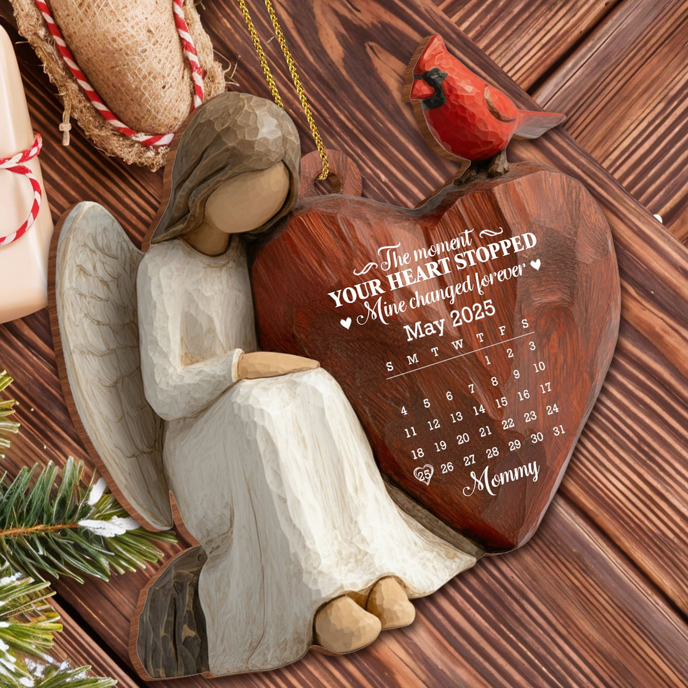 The Moment Your Heart Stopped, Angel Holding Heart - Personalized Custom Wood Ornament, Custom Shaped - HME453_WDO