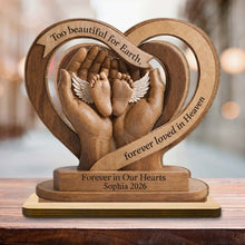 Too Beautiful For Earth Heart Baby Feet Angel Wings - Personalized Custom 2-Layer Wood Plaque With Flat Base - HME586_WPLA