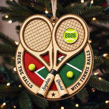 Deck The Halls With Tennis Balls Rackets And Court - Personalized Custom Wood Ornament, Custom Shaped - HOB373_WDO
