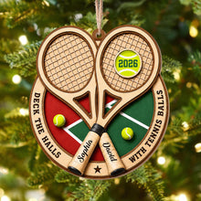 Deck The Halls With Tennis Balls Rackets And Court - Personalized Custom Wood Ornament, Custom Shaped - HOB373_WDO