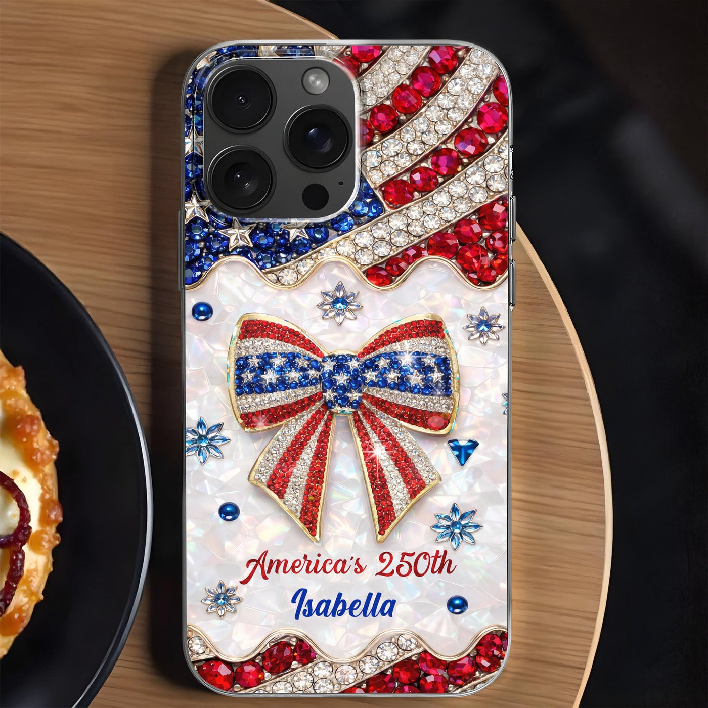 America's 250th Patriotic Rhinestone Bow And USA Flag - Personalized Clear Phone Case - INDE255_PHC