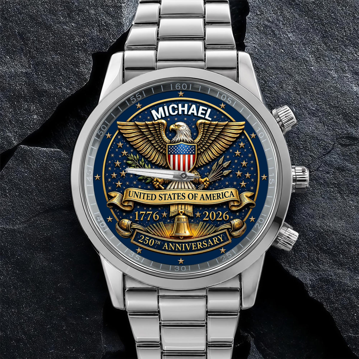 United States Of America Anniversary Eagle And Liberty Bell - Personalized Custom Men's Watch - INDE458_CUMWA