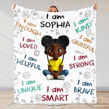 I Am Strong, Brave And Unique, Cartoon Character Blanket - Personalized Custom Blanket - KID243_BLK