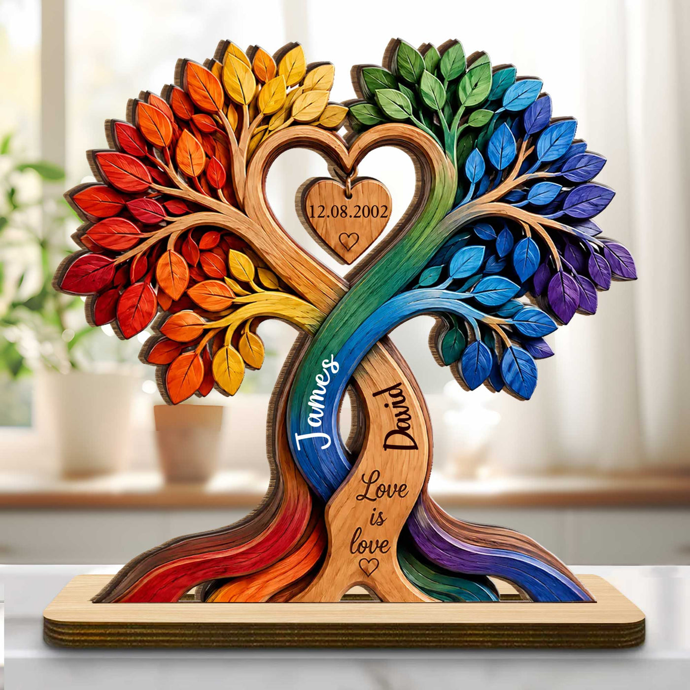 Love Is Love Pride Rainbow Tree With Heart Design - Personalized Custom 2-Layer Wood Plaque With Flat Base - LPRIDE004_WPLA