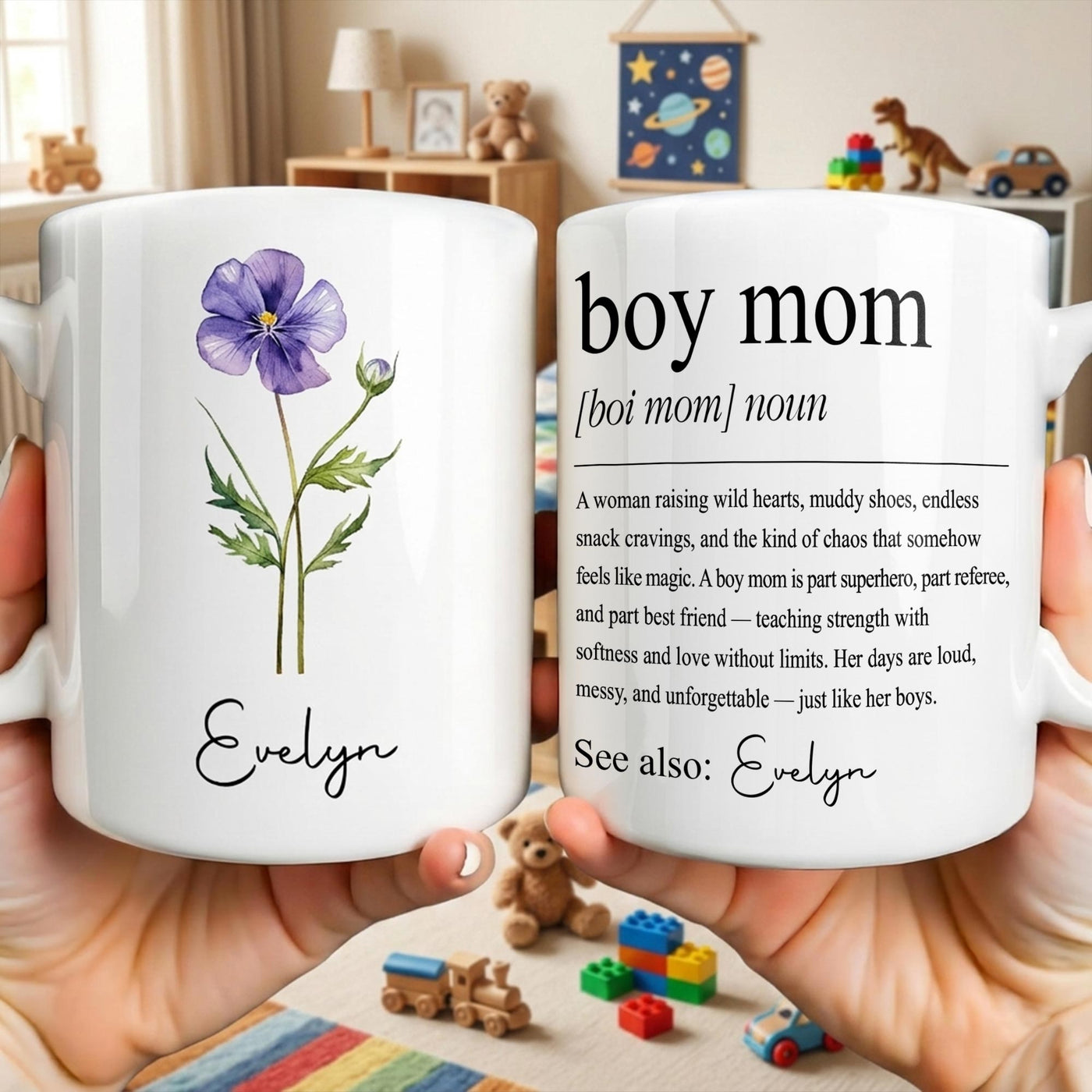 Boy Mom Definition With Custom Birth Month Flower Design - Personalized Custom Coffee Mug - MOM381_MG