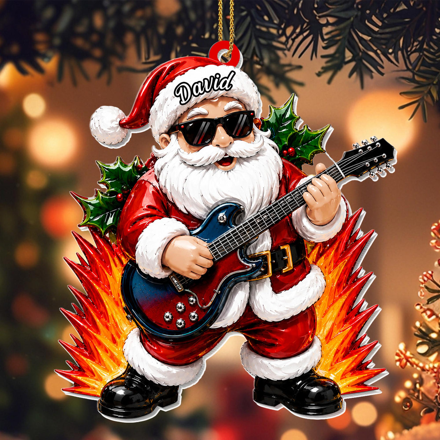 Rocking Around The Christmas Tree Santa Playing Electric Guitar - Personalized Custom Acrylic Ornament, Christmas Gift - MUSIC188_ACO