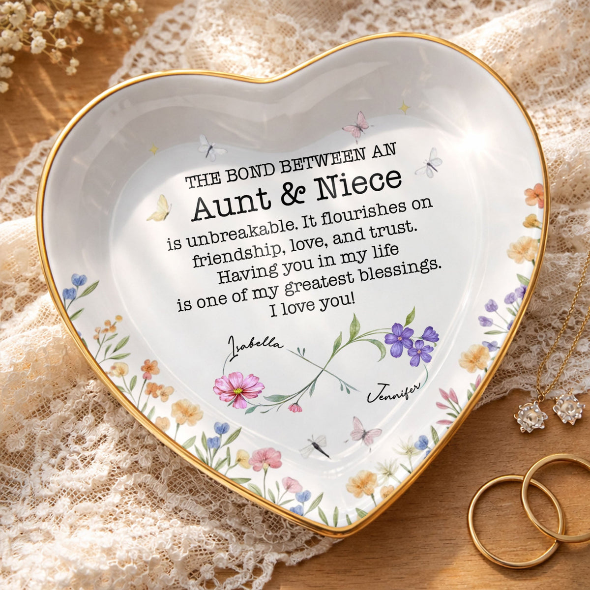 The Bond Between An Aunt And Niece Unbreakable Flower Butterfly Heart - Personalized Custom Jewelry Dish, Ceramic Dish, Heart Shape - NCE022_HCRF