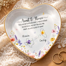 Aunt And Niece Love Knows No Distance Floral State Map - Personalized Custom Jewelry Dish, Ceramic Dish, Heart Shape - NCE104_HCRF