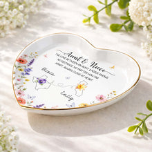 Aunt And Niece Love Knows No Distance Floral State Map - Personalized Custom Jewelry Dish, Ceramic Dish, Heart Shape - NCE104_HCRF