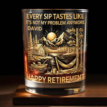 Happy Retirement, Mountains, Cabin, Lake And Sunset Design - Personalized Custom Whiskey Glass - RETIRE020_RWG
