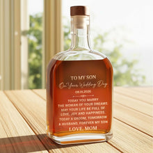 To My Son On Your Wedding Day Elegant Golden Text Husband Groom - Personalized Whiskey Bottle - SON152_WHIBA