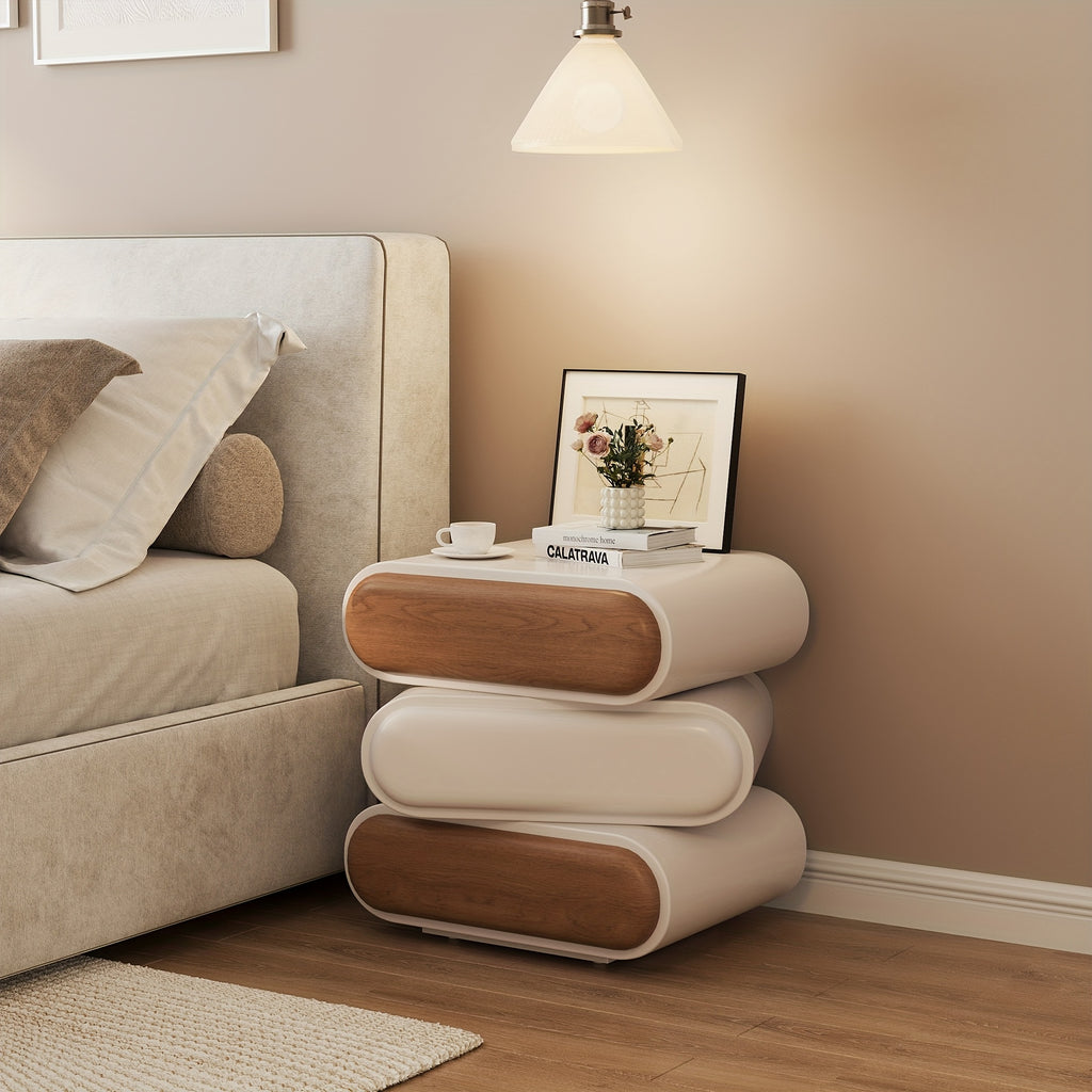 Premium Mid-Century Wood Nightstand, 3-Tier End Table with Storage Drawers & Curved Profile Design, Elegant Bedside Table for Bedroom Or Living Room, White Brown, No Assembly Required High-Quality Craftsmanship, Christmas