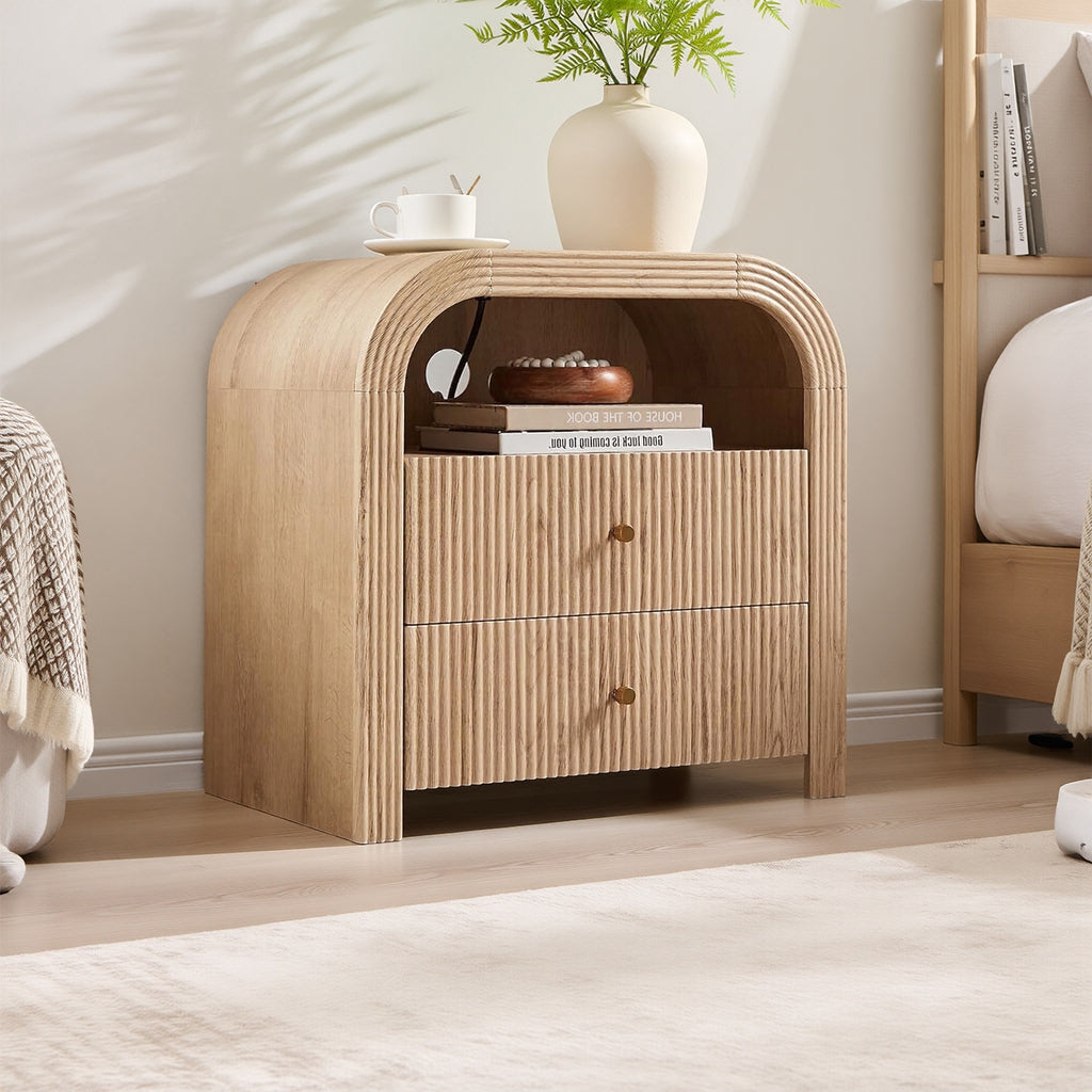 Vertical Striped Double Drawer Nightstand (With Charging Function), 24-Inch Modern Rounded Corner Design, Suitable for Bedroom And Living Room Storage Side Table