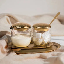 Handblown Sugar and Creamer Set with Brass Tray