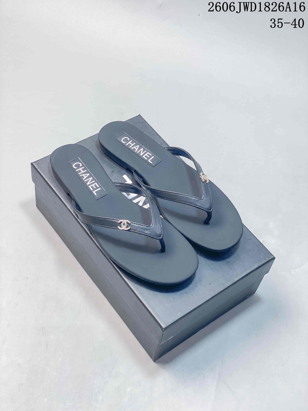 Chanel Dark Navy Thong Sandals with Logo Detail
