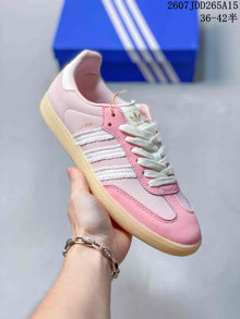 adidas Samba Leather Low-Top Sneakers in White/Blue and Pink