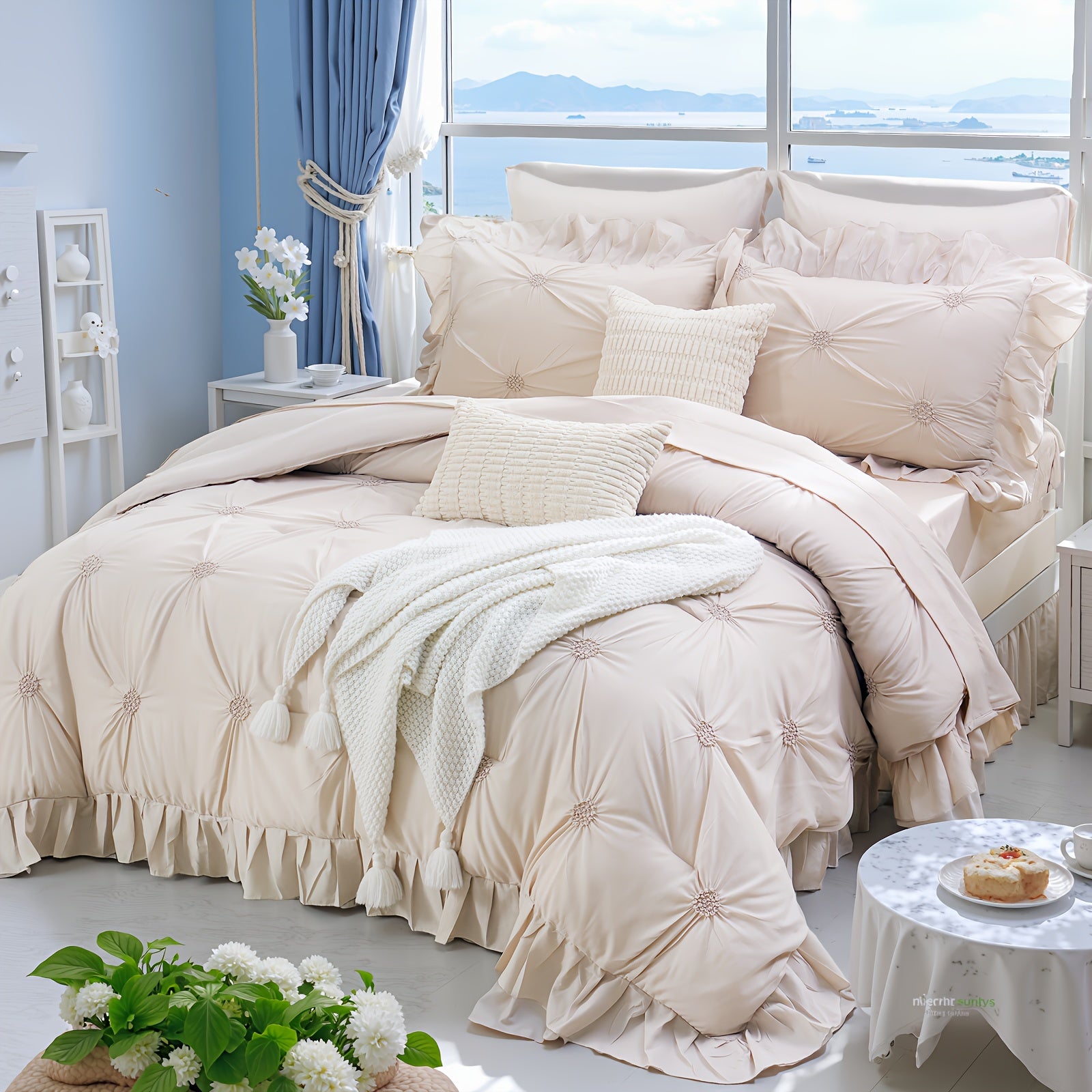 Pinch Pleat Ruffle Comforter Set, Beige Comforter Queen\u002FKing Size, Bed In A Bag Set, Room Decor Aesthetic Bedding Set 8pcs.1 Beige Comforter, 2 Pillowcases, 2 Pillow Shams, 1 Flat Sheet, 1 Fitted Sheet And 2 Decorative Boho Pillowcases