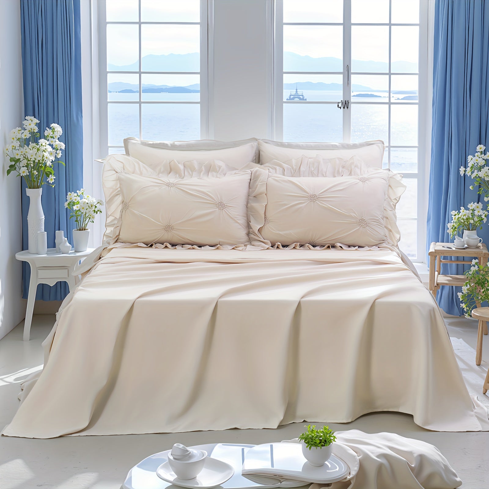 Pinch Pleat Ruffle Comforter Set, Beige Comforter Queen\u002FKing Size, Bed In A Bag Set, Room Decor Aesthetic Bedding Set 8pcs.1 Beige Comforter, 2 Pillowcases, 2 Pillow Shams, 1 Flat Sheet, 1 Fitted Sheet And 2 Decorative Boho Pillowcases