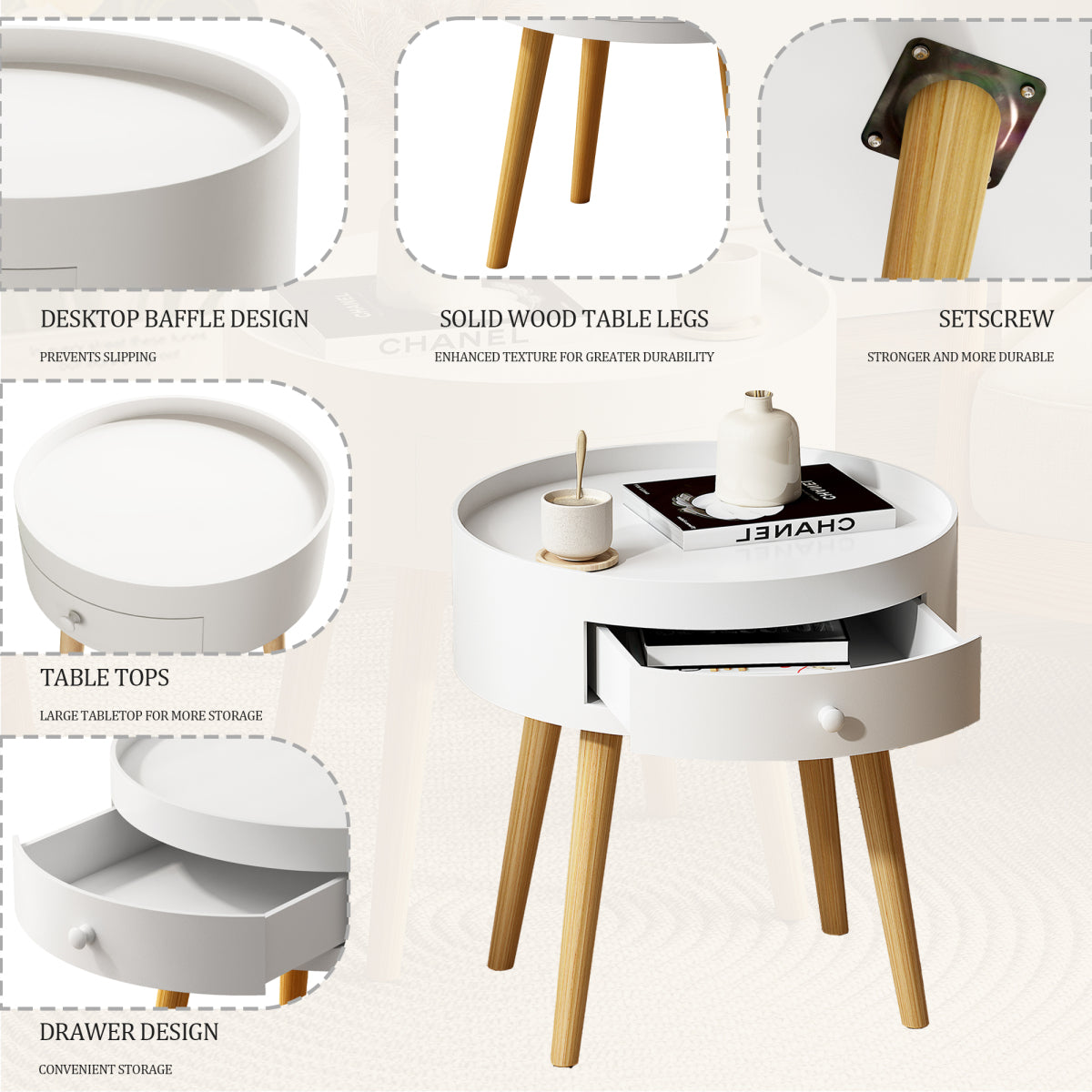 18-Inch Nightstand Featuring a Storage Drawer And Oak Legs, Suitable As a Bedside Table Or a Coffee Table for The Bedroom Or Living Room, in White Color