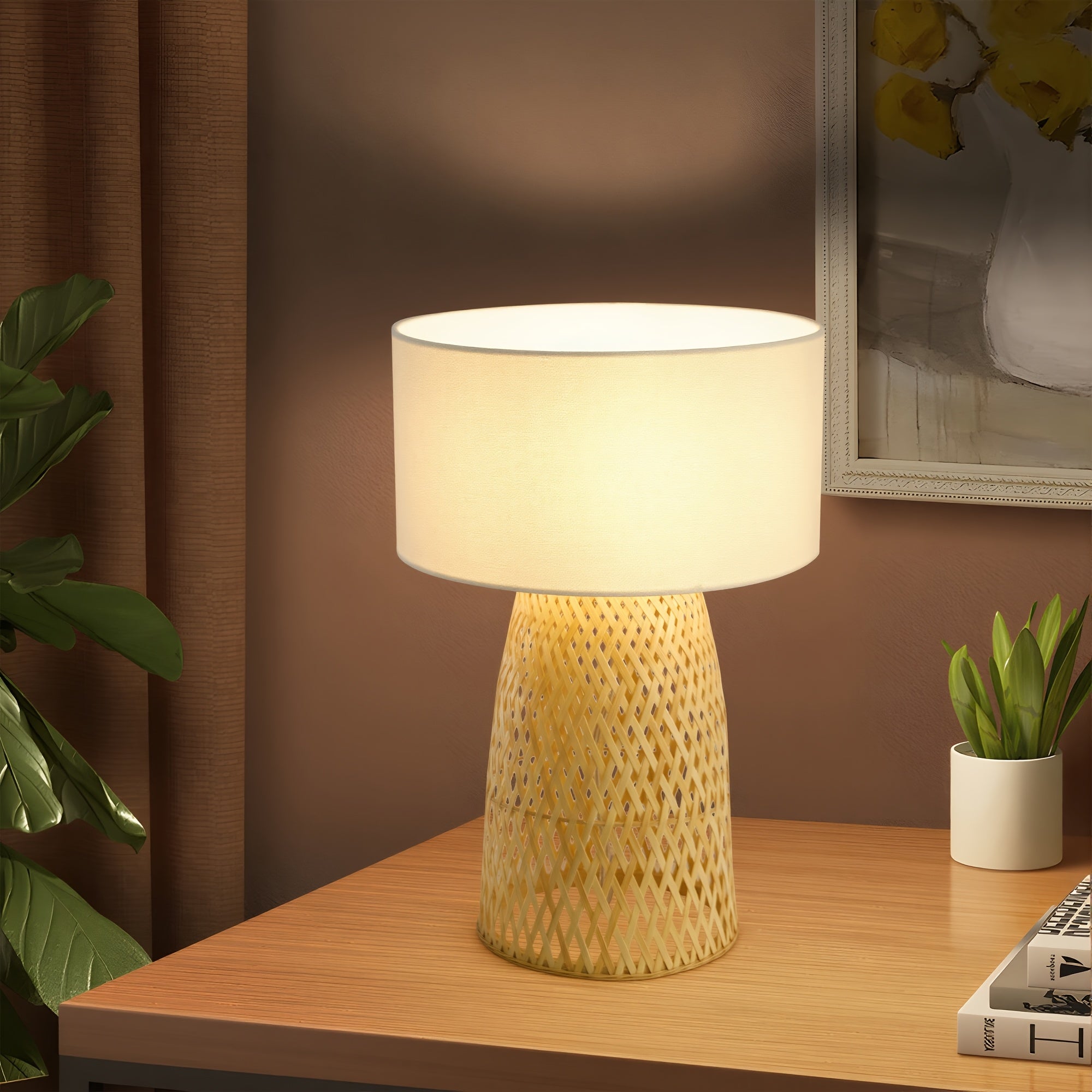 Set Of 1 Handwoven Bamboo Table Lamp with Linen Shade for Bedroom