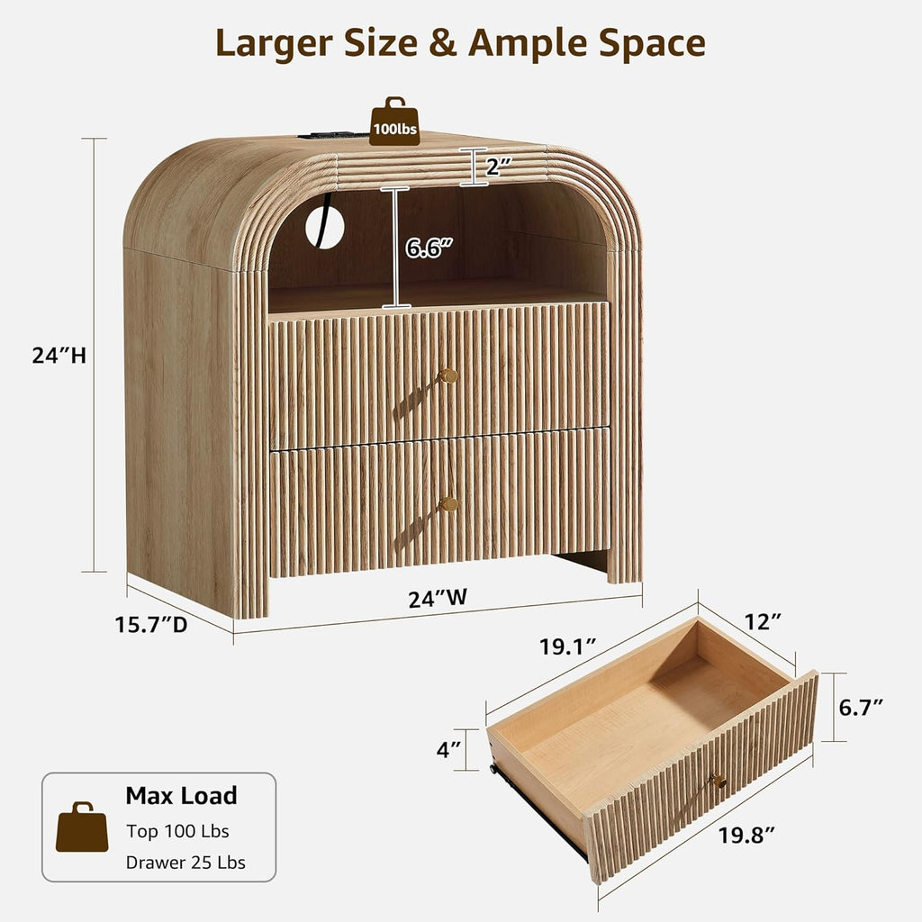 Vertical Striped Double Drawer Nightstand (With Charging Function), 24-Inch Modern Rounded Corner Design, Suitable for Bedroom And Living Room Storage Side Table