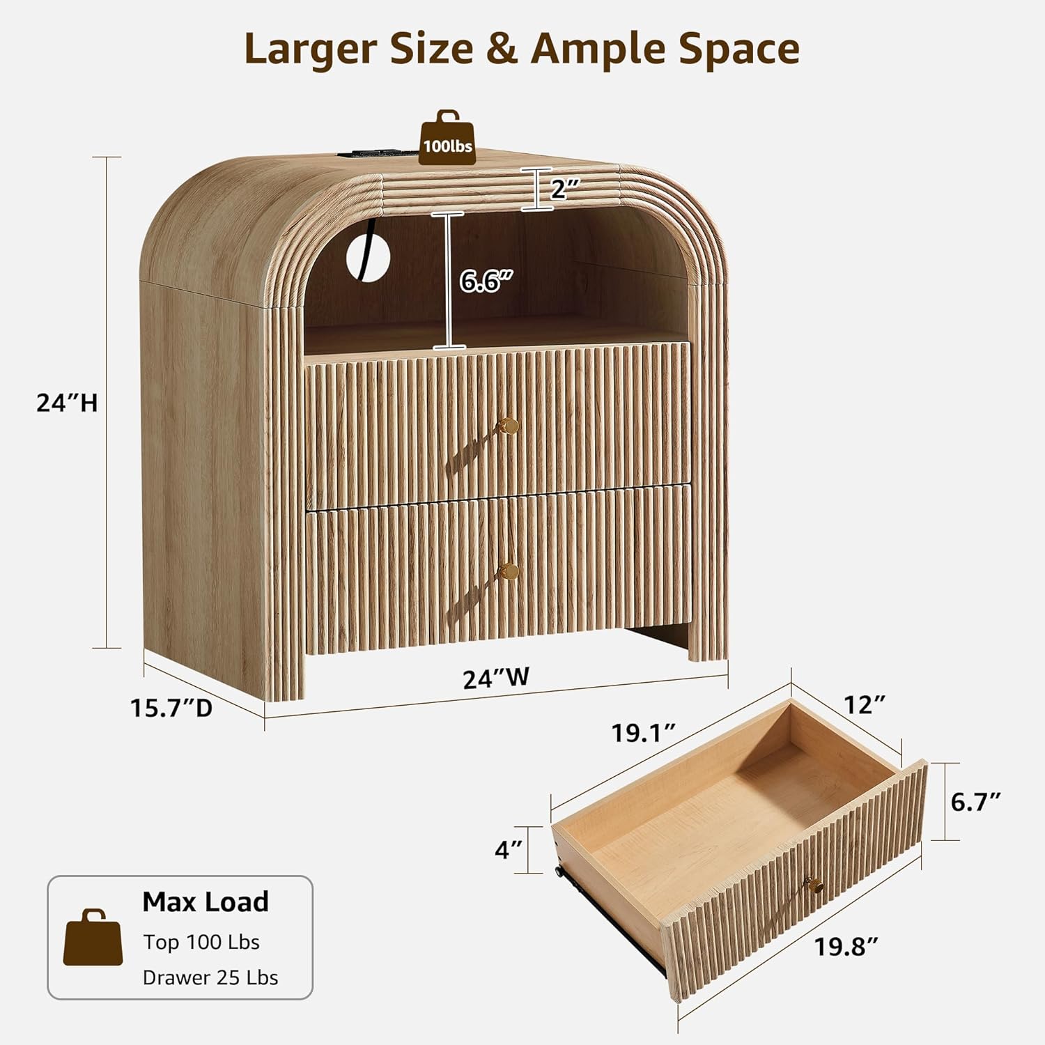 Vertical Striped Double Drawer Nightstand (With Charging Function), 24-Inch Modern Rounded Corner Design, Suitable for Bedroom And Living Room Storage Side Table