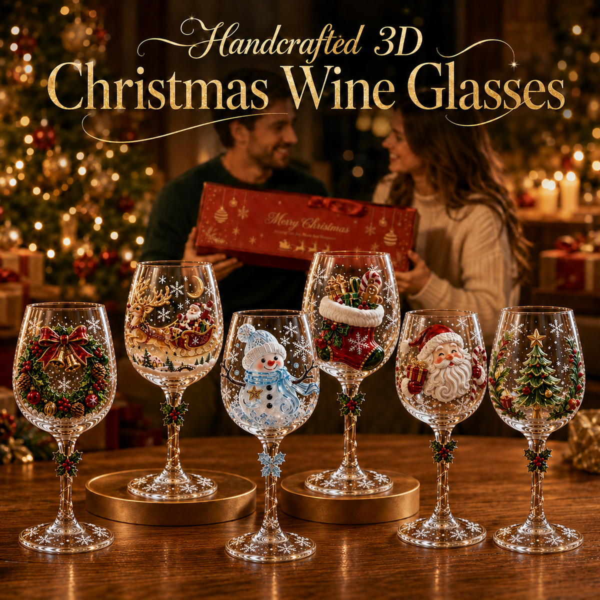 🎨 Deluxe 3D Sculpted Christmas Wine Glass Set (6-Piece) — Luxury Gift Box