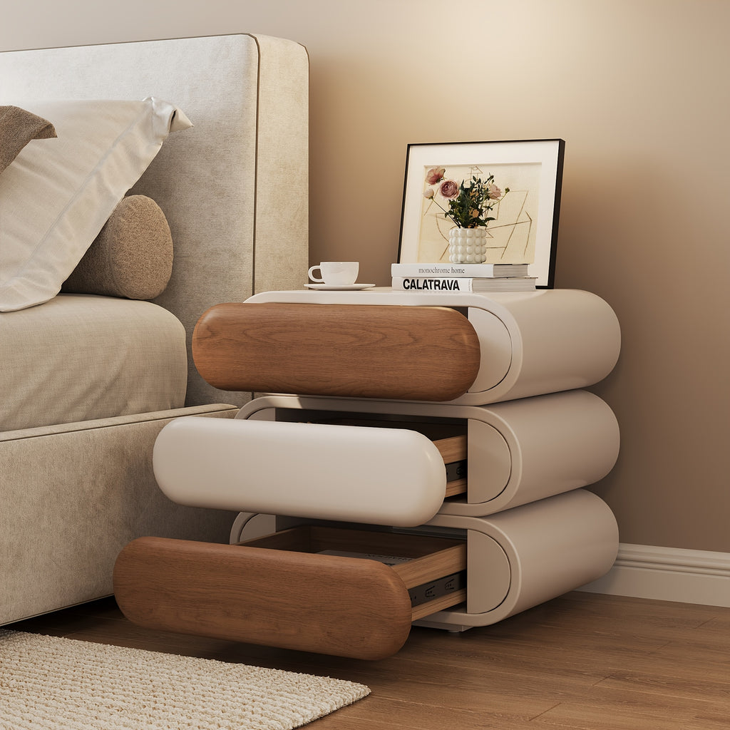 Premium Mid-Century Wood Nightstand, 3-Tier End Table with Storage Drawers & Curved Profile Design, Elegant Bedside Table for Bedroom Or Living Room, White Brown, No Assembly Required High-Quality Craftsmanship, Christmas