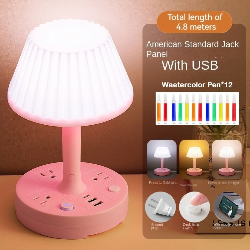 Versatile Night Lamp Featuring a Socket, Suitable for Desks, Bedside Tables, And Study Areas. This LED Lamp Can Also Charge Mobile Phones Directly And Offers Three Adjustable Light Settings
