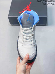 Jordan AJ5 High-Top Basketball Sneakers in White and Blue