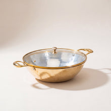 Brass Flat Base Wok with Glass lid - Kadhai (Deep & flat bottom cooking/serving utensil - karahi)