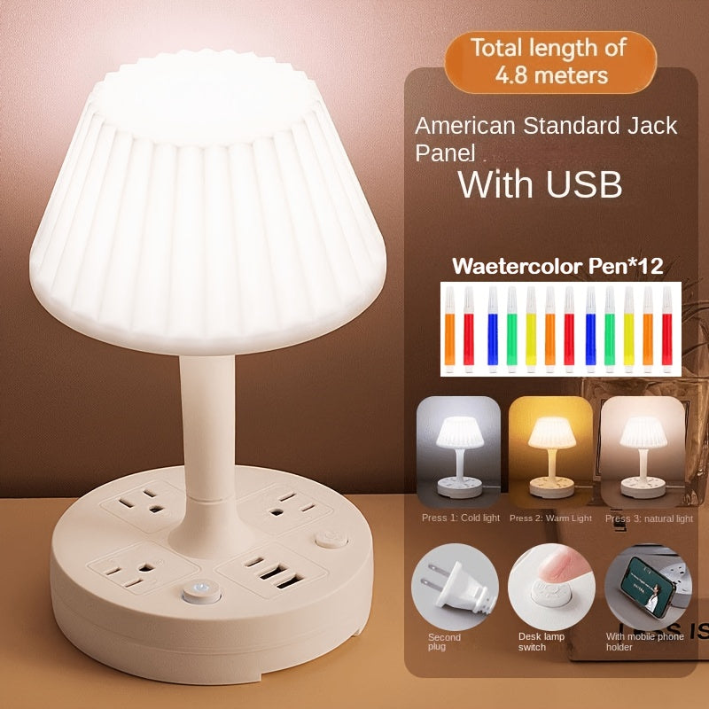 Versatile Night Lamp Featuring a Socket, Suitable for Desks, Bedside Tables, And Study Areas. This LED Lamp Can Also Charge Mobile Phones Directly And Offers Three Adjustable Light Settings