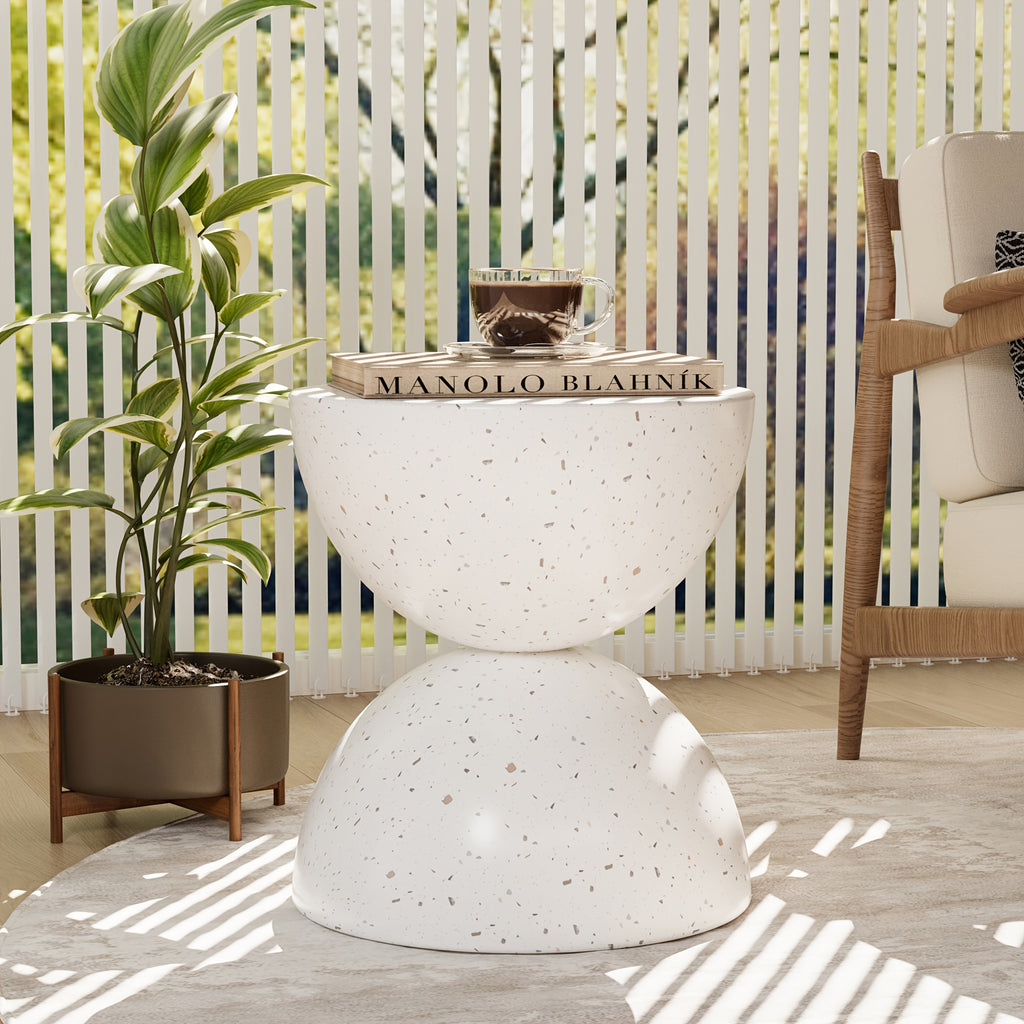 Outdoor\u002FIndoor Universal Side Table (Set of Two), Semi-Circular Magnesia Side Table, Mid-Century Modern Dual Half- Design, Artistic Style Movable Table, Living Room Side Table, Garden Plant Stand, Bedroom Nightstand, Balcony Small Tea Table