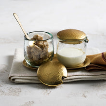 Handblown Sugar and Creamer Set with Brass Tray