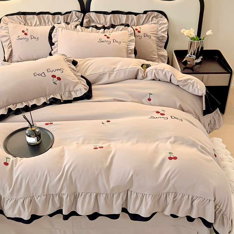 High-End Embroidered Washed Cotton Four-Piece Bedding, Skin-Friendly, Soft, And Suitable for All Seasons: Includes 1 Duvet Cover, 1 Bed Sheet, And 2 Pillowcases, Excluding Duvet Insert