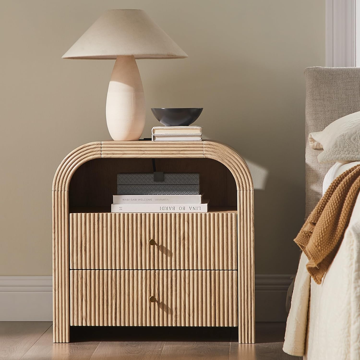 Vertical Striped Double Drawer Nightstand (With Charging Function), 24-Inch Modern Rounded Corner Design, Suitable for Bedroom And Living Room Storage Side Table