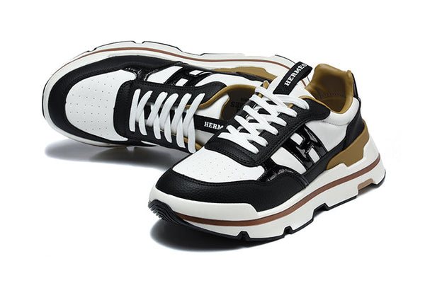 Hermès Black and White Low-Top Sneakers with Brown Trim