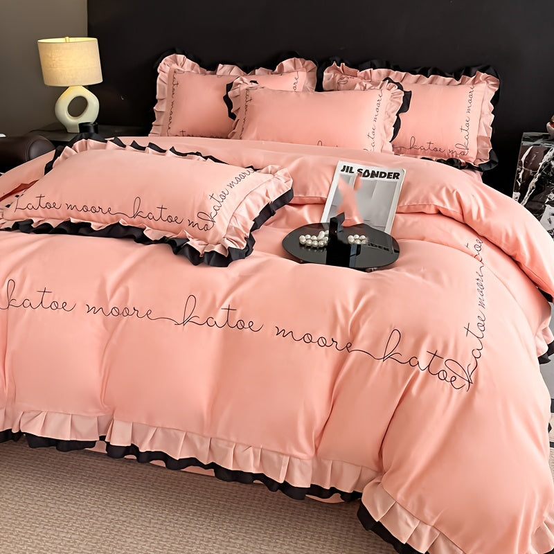 High-End Embroidered Washed Cotton Four-Piece Bedding, Skin-Friendly, Soft, And Suitable for All Seasons: Includes 1 Duvet Cover, 1 Bed Sheet, And 2 Pillowcases, Excluding Duvet Insert