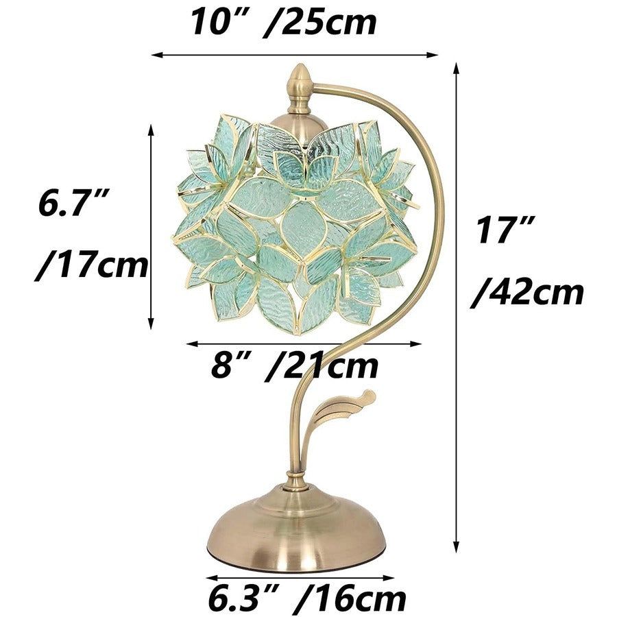 Tiffany Style Stained Glass Flower Petal Table Lamp with Brass Base for Home Decor (Light Blue, 8 in Rose Lily)