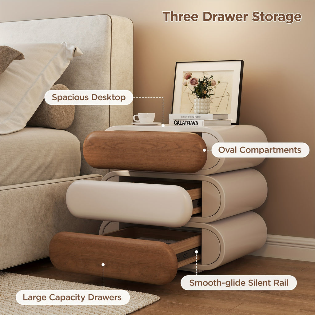 Premium Mid-Century Wood Nightstand, 3-Tier End Table with Storage Drawers & Curved Profile Design, Elegant Bedside Table for Bedroom Or Living Room, White Brown, No Assembly Required High-Quality Craftsmanship, Christmas