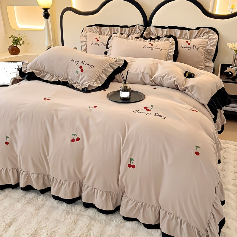 High-End Embroidered Washed Cotton Four-Piece Bedding, Skin-Friendly, Soft, And Suitable for All Seasons: Includes 1 Duvet Cover, 1 Bed Sheet, And 2 Pillowcases, Excluding Duvet Insert