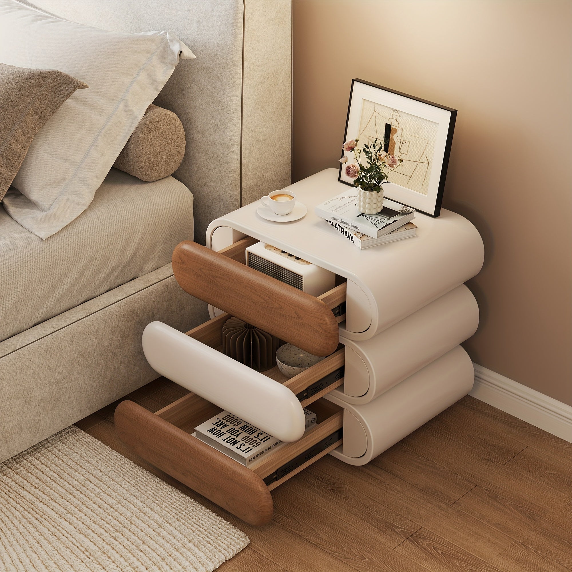Premium Mid-Century Wood Nightstand, 3-Tier End Table with Storage Drawers & Curved Profile Design, Elegant Bedside Table for Bedroom Or Living Room, White Brown, No Assembly Required High-Quality Craftsmanship, Christmas