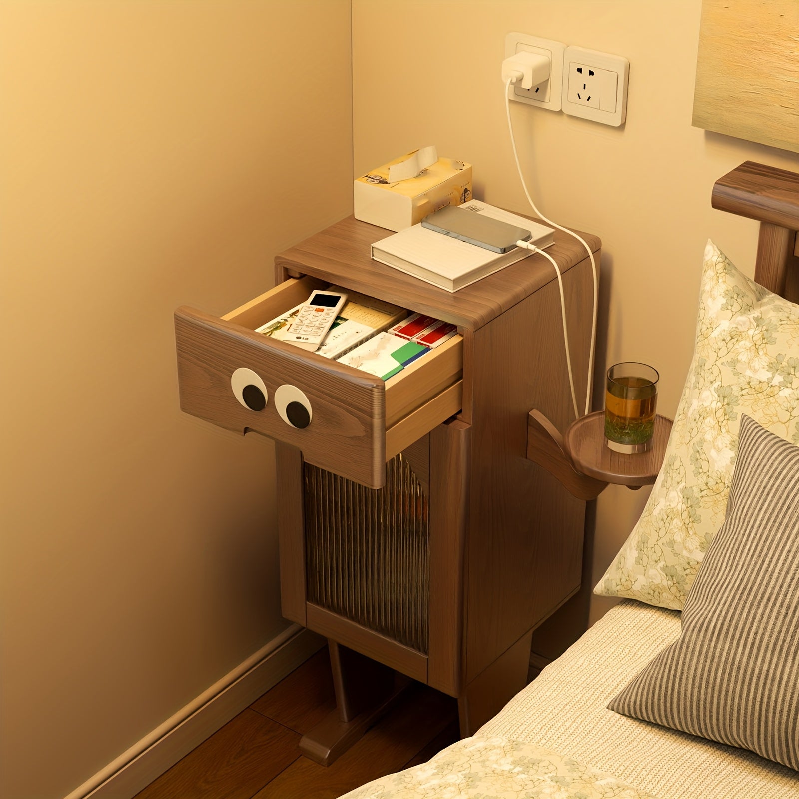 KASLANDI for home Furniture Solid Wood Robot Nightstand, Modern Chinese-Style Bedroom Nightstand with Drawers, Storage And Organization Cabinet, for home Furniture, for home Decor And Additions, Christmas Presents, Black Friday Deals