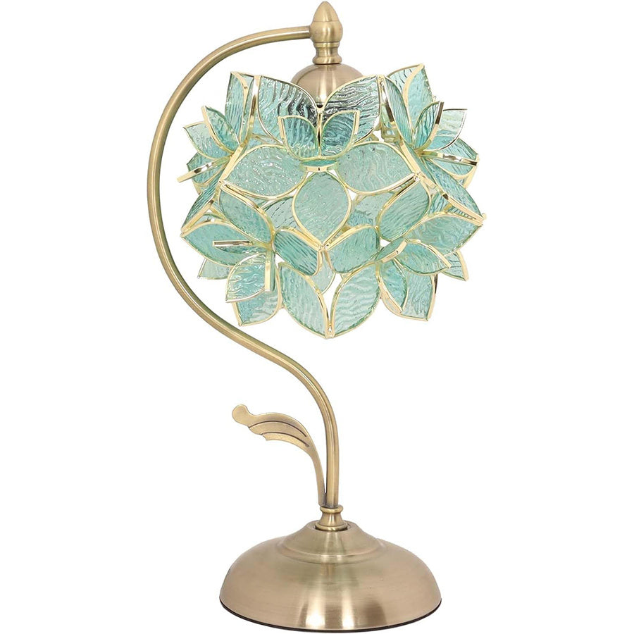 Tiffany Style Stained Glass Flower Petal Table Lamp with Brass Base for Home Decor (Light Blue, 8 in Rose Lily)
