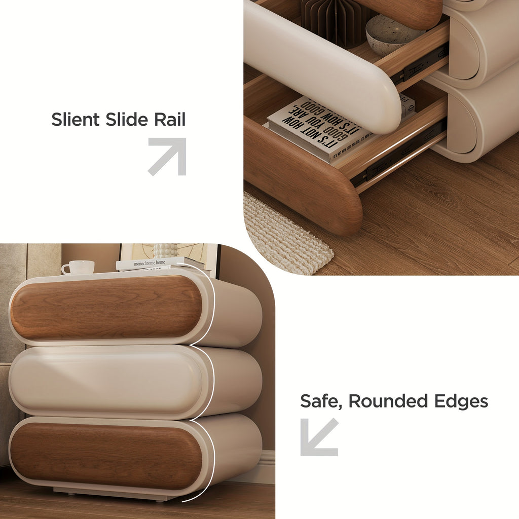 Premium Mid-Century Wood Nightstand, 3-Tier End Table with Storage Drawers & Curved Profile Design, Elegant Bedside Table for Bedroom Or Living Room, White Brown, No Assembly Required High-Quality Craftsmanship, Christmas