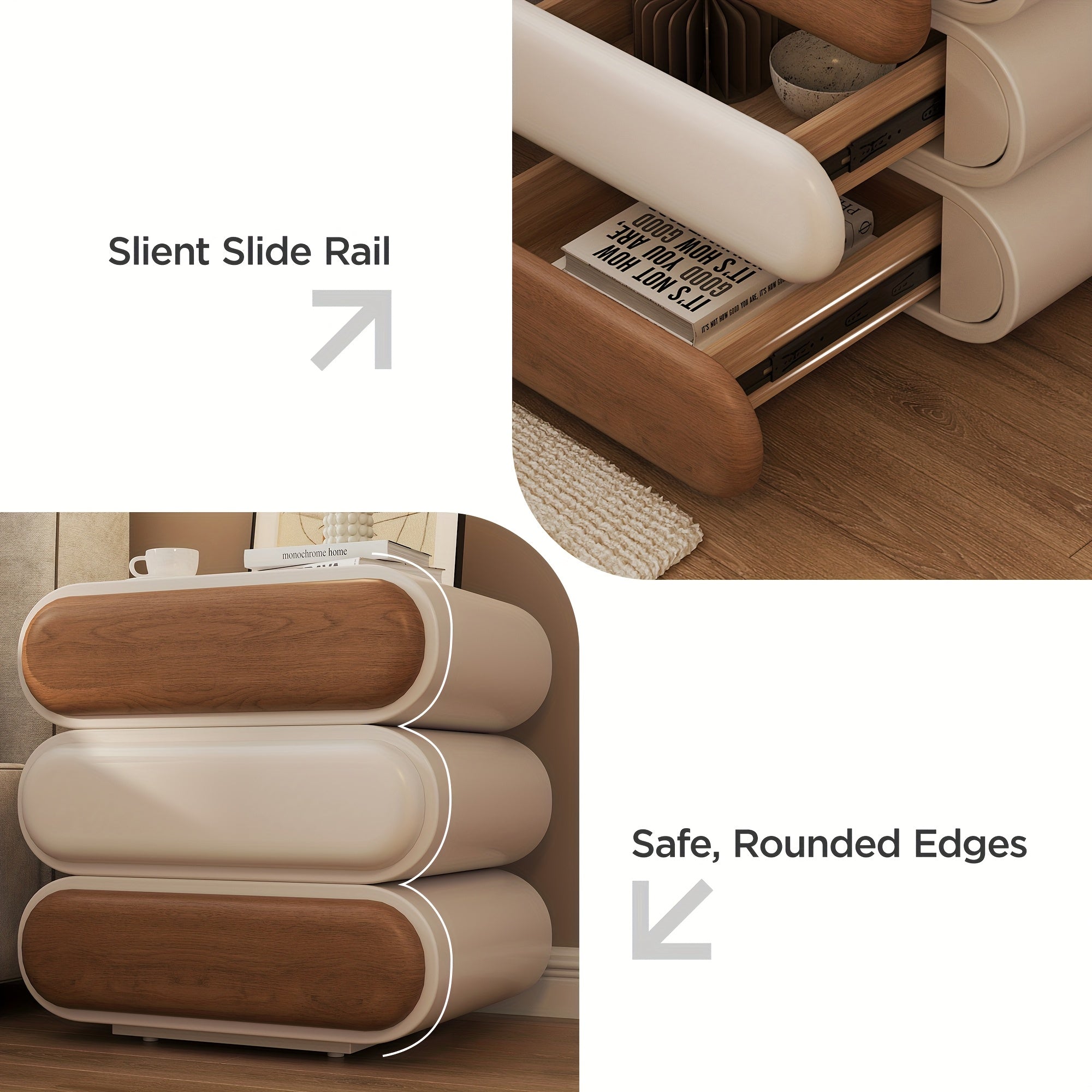 Premium Mid-Century Wood Nightstand, 3-Tier End Table with Storage Drawers & Curved Profile Design, Elegant Bedside Table for Bedroom Or Living Room, White Brown, No Assembly Required High-Quality Craftsmanship, Christmas