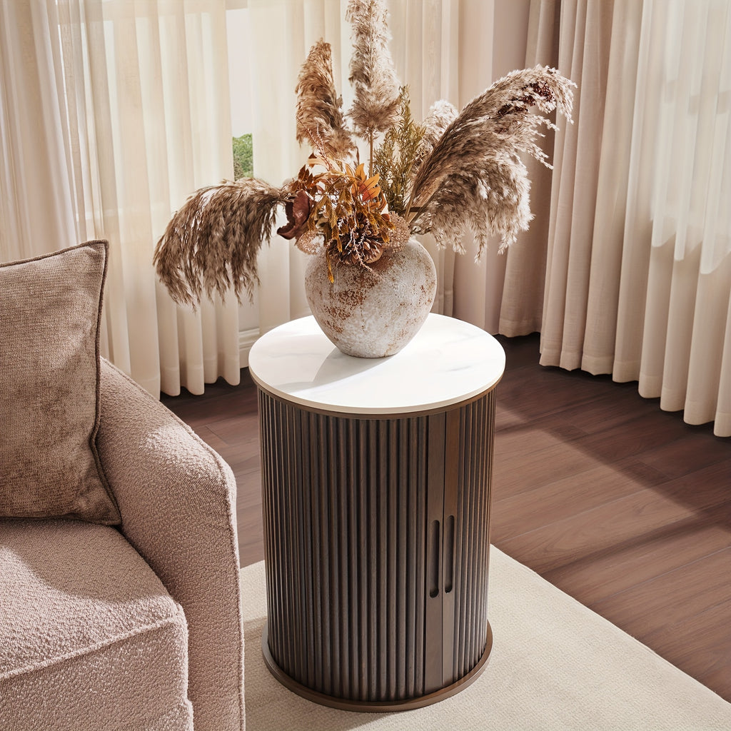 Morden Fort Mid-Century Modern Round Fluted Accent Table with White Faux Marble Top & Walnut - Smooth-Glide Hidden Storage Door, Engineered Wood Nightstand\u002FEnd Table for Bedroom, Living Room, Compact Spaces (Easy Assembly)