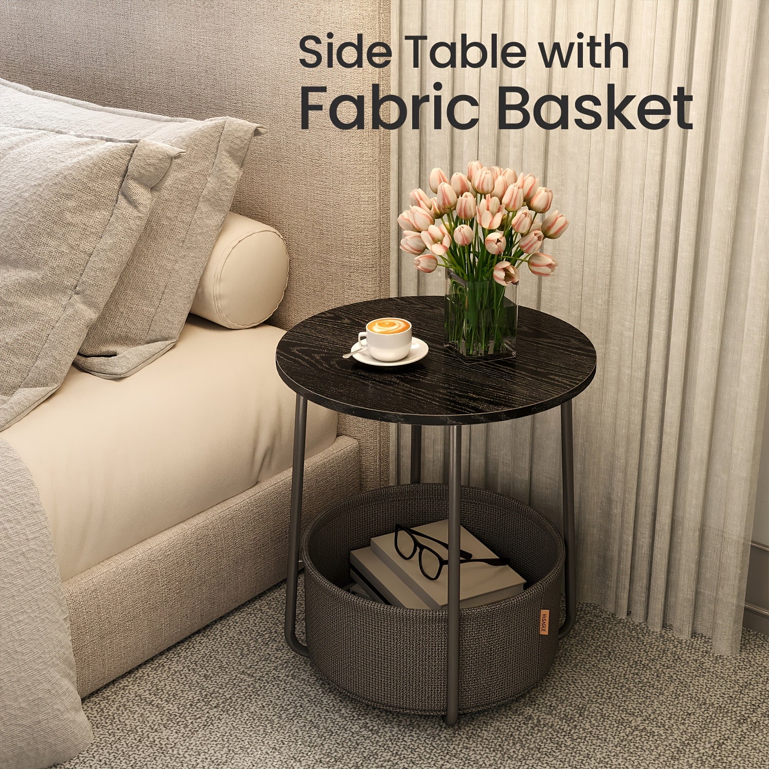 Collection - Small Round Side End Table, Modern Nightstand with Fabric Basket
