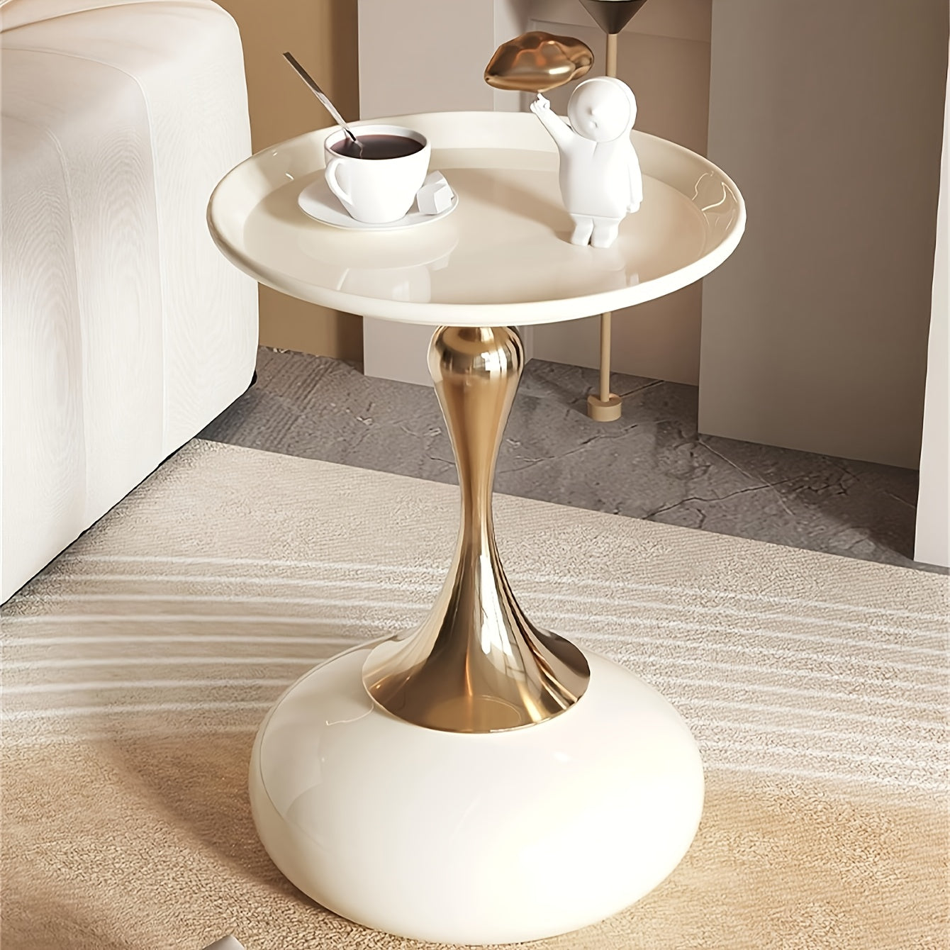 Modern Round Side Table White & Golden - Compact Metal Pedestal Accent Table with Round Top, Minimalist Bedside Table for Small-Space Furniture, Easy Assembly for Bedroom, Living Room, Apartment & Dorm - Sturdy Metal Construction, Space