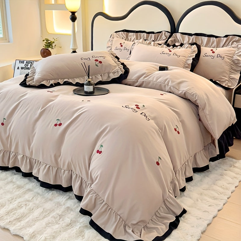 Light Luxury High-end Four Piece Bedding Set with Embroidered Lace Stitching, Suitable for All Seasons, Including One Duvet Cover, One Bed Sheet, And Two Pillowcases, Without A Core